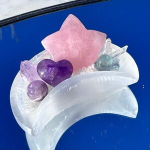 Crescent Moon Selenite Bowl, Rose Quartz Star, Amethyst Heart, Fluorite Snail